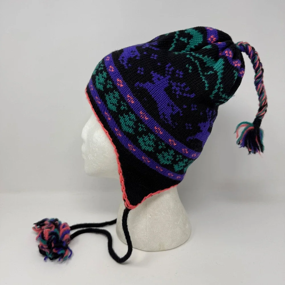 Hood Hats 100% Wool Peruvian Beanie Reindeer Fair Isle Earflap Hat Purple Size S